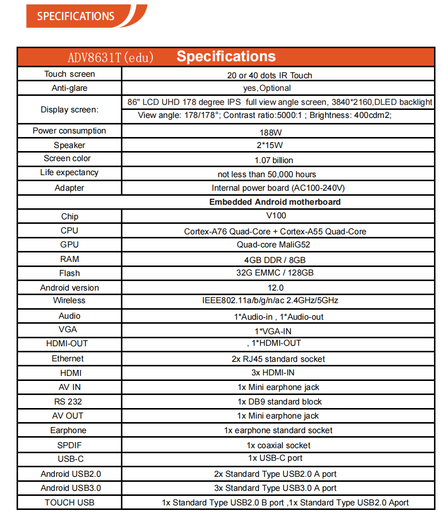 86 inch-ADV8631T(edu) Interactive Panel Touch Screen Electronic Whiteboard Smart Board Interactive For Teaching Or Conference