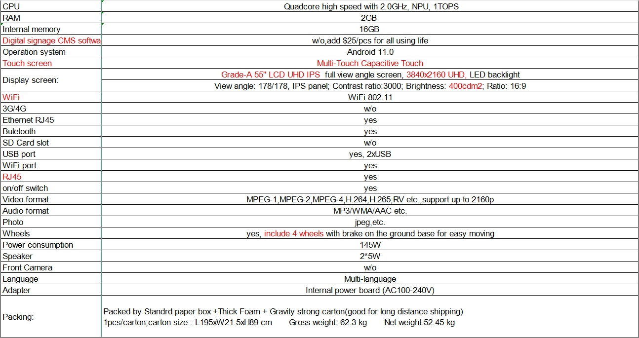55 Inch Floor Standing Digital Signage With Call Function Android Touch Screen Kiosk Indoor LCD Display
