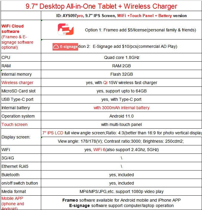 9.7 Inch Wifi Picture Frame With Frameo Desktop All-In-One Tablet LCD Touch Screen Fast Wireless Charger Digital Photo Frame